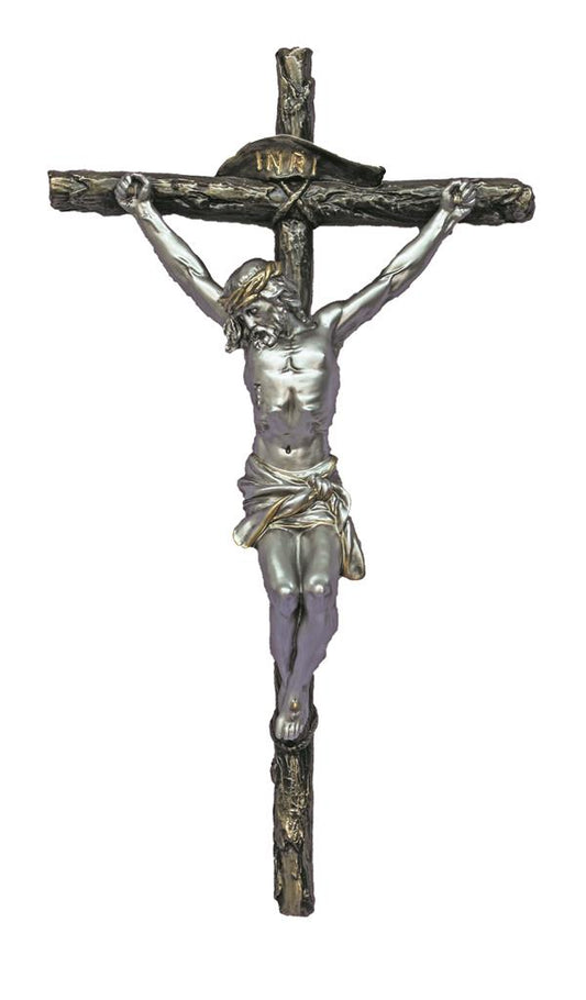 16" Crucifix, Pewter Finish Resin Figure on Cold Cast Bronze Cross, # 17745