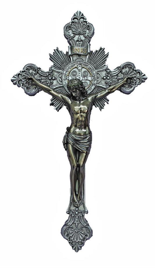 14" Ornate St. Benedict Crucifix, Bronze Resin Figure on Pewter Finish Cross, # 17773