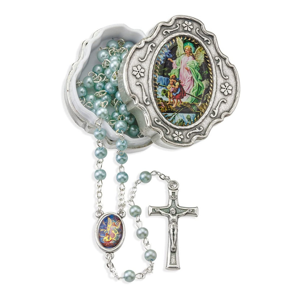 Guardian Angel Blue Imitation Pearl Rosary with Keepsake Box # 1493