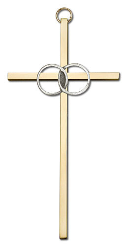 6" Wedding Cross, Silver-Tone Rings on Polished Brass Cross, # 1781