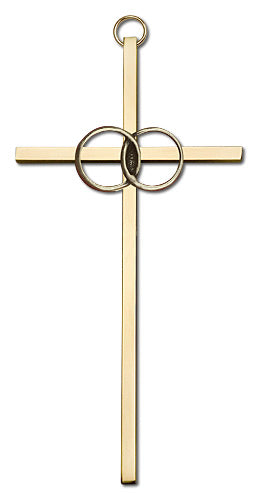 6" Wedding Cross, Gold-Tone Rings on Polished Brass Cross, # 1783