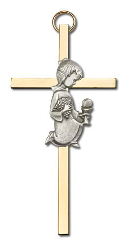4" First Communion Girl Cross, Silver-Tone Figure on Polished Brass Cross # 1785