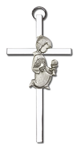 4" First Communion Girl Cross, Silver-Tone Figure on Nickel Plated Cross # 1789