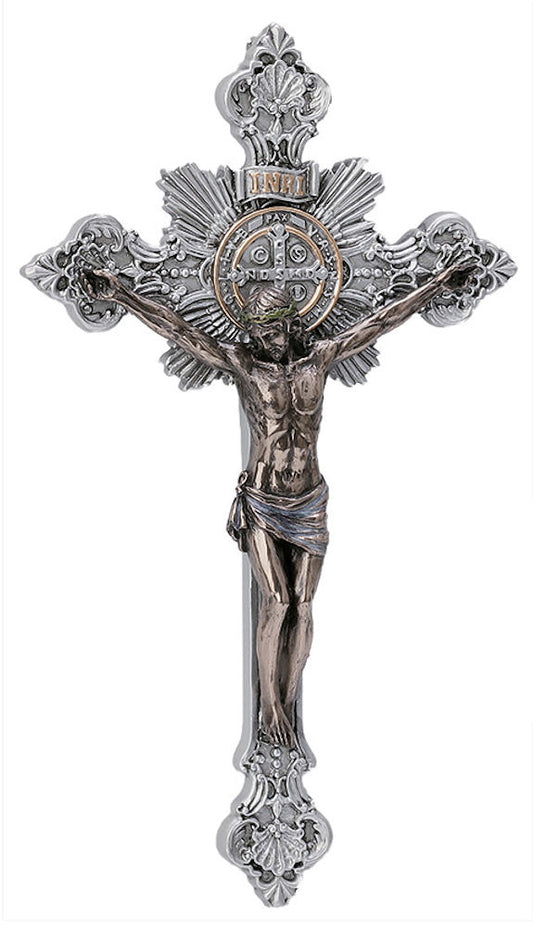 7-3/4" St. Benedict Crucifix, Bronze Finish Resin w/ Pewter Finish Cross, # 17892