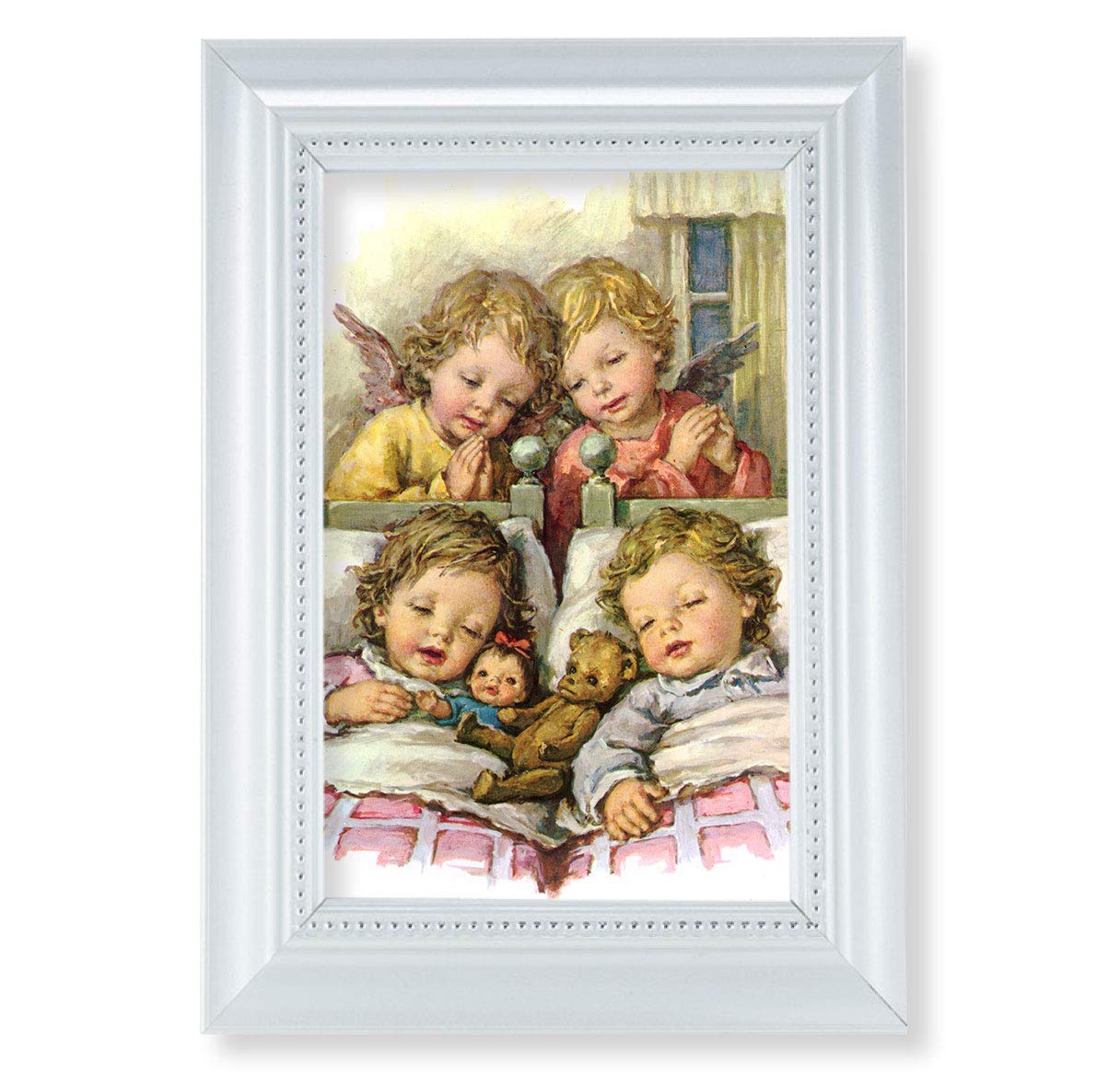 Guardian Angels with Twins Picture, Pearlized White 5-1/2"x7 Frame, Beaded Lip, Under Glass # 28084