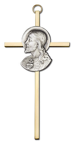 6" Sacred Heart Cross, Silver-Tone Christ on Polished Brass Cross, # 1790