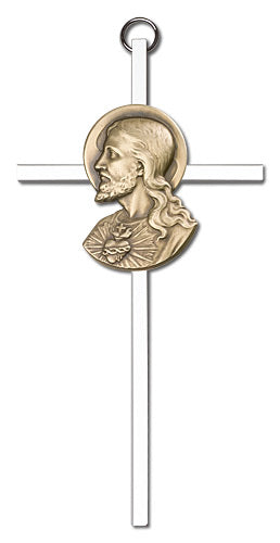 6" Sacred Heart Cross, Gold-Tone Christ on Nickel Plated Cross, # 1792