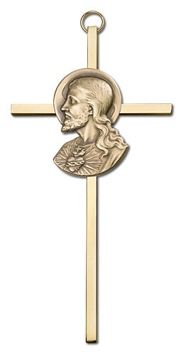 6" Sacred Heart Cross, Gold-Tone Christ on Polished Brass Cross, # 1793