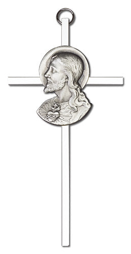 6" Sacred Heart Cross, Silver-Tone Christ on Nickel Plated Cross, # 1794