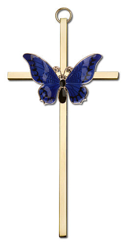 6" Resurrection Blue Butterfly Cross, Gold-Tone on Gold Plated Cross, # 1802