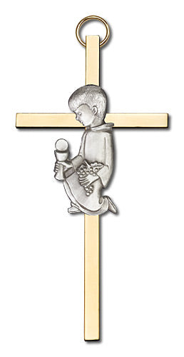 4" First Communion Boy Cross, Silver-Tone Figure on Polished Brass Cross # 1804