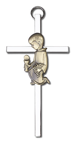 4" First Communion Boy Cross, Gold-Tone Figure on Nickel Plated Cross # 1806