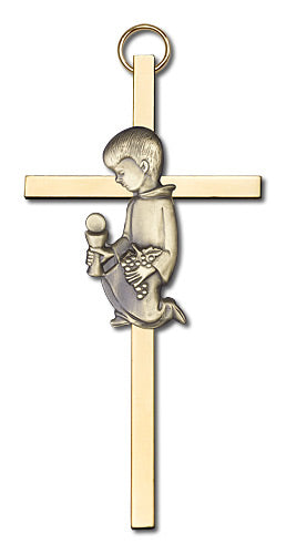 4" First Communion Boy Cross, Gold-Tone Figure on Polished Brass Cross # 1807