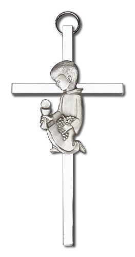 4" First Communion Boy Cross, Silver-Tone Figure on Nickel Plated Cross # 1808