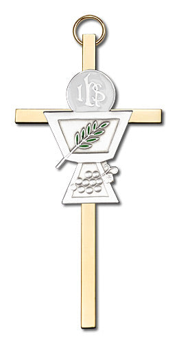 4" First Communion Cross, Silver-Tone Figure on Polished Brass Cross, # 1809