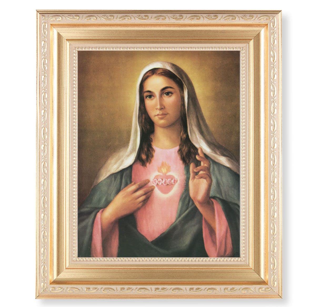 La Fuente: Immaculate Heart of Mary, 11.5"x13.5" Satin Gold Frame, Distressed Finish with Scrollwork, Italian Print Under Glass # 26487