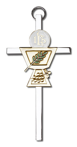 4" First Communion Cross, Gold-Tone Figure on Nickel Plated Cross, # 1810