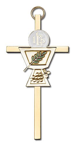 4" First Communion Cross, Gold-Tone Figure on Polished Brass Cross, # 1811
