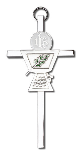 4" First Communion Cross, Silver-Tone Figure on Nickel Plated Cross, # 1812