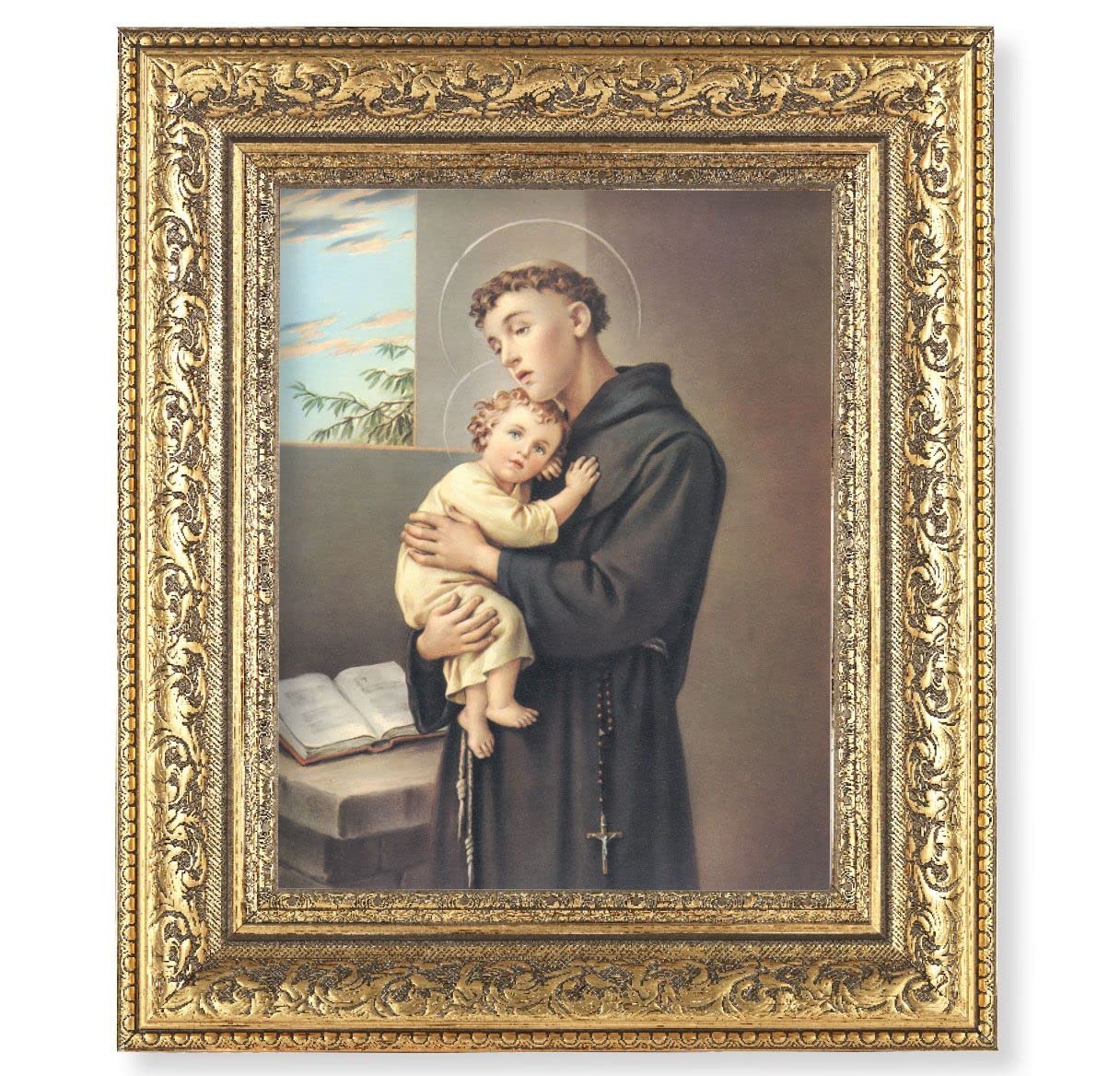 St. Anthony of Padua Picture, 12-1/2"x14-1/2, Antique Gold Leaf Carvings Ornate Frame, Italian Print Under Glass # 25511