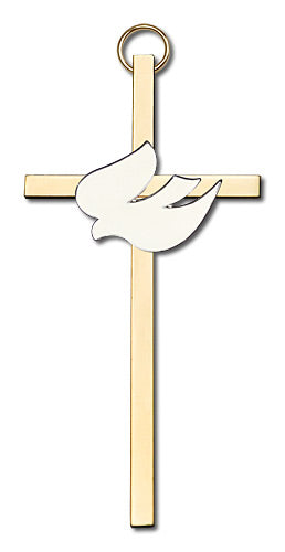 4" White Dove Cross, Silver-Tone on Polished Brass Cross, # 1813
