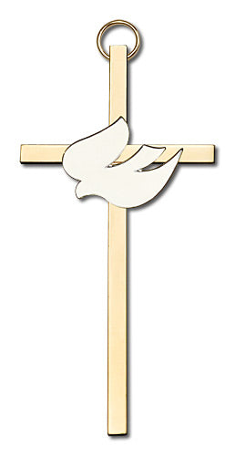 4" White Dove Cross, Gold-Tone on Polished Brass Cross, # 1816