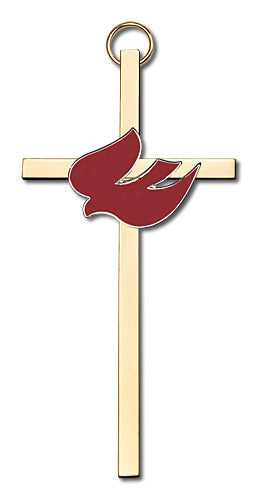 4" Red Dove Cross, Silver-Tone on Polished Brass Cross, # 1818