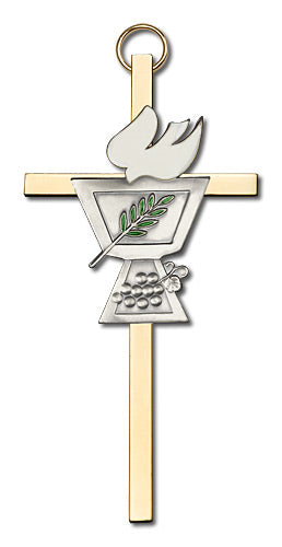 4" Chalice w/ Dove Cross, Silver-Tone on Polished Brass Cross, # 1822
