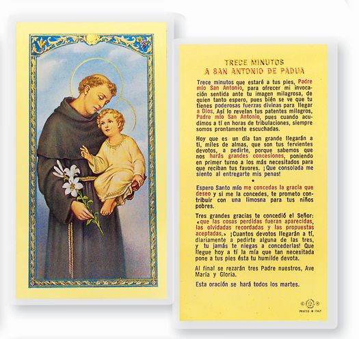 TRECE MINUTOS A SAN ANTONIO Spanish Laminated Holy Card, 2-5/8"x4-3/8", # 18241