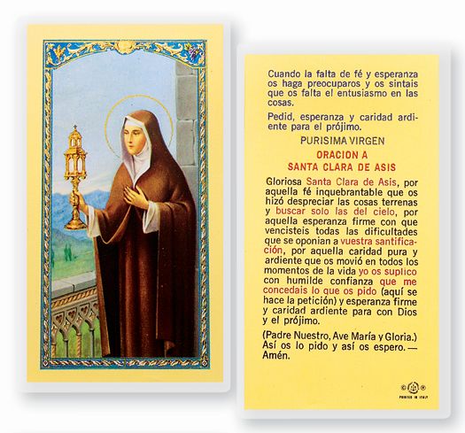 ORACION A SANTA CLARA DE ASIS Spanish Laminated Holy Card, 2-5/8"x4-3/8", # 18253