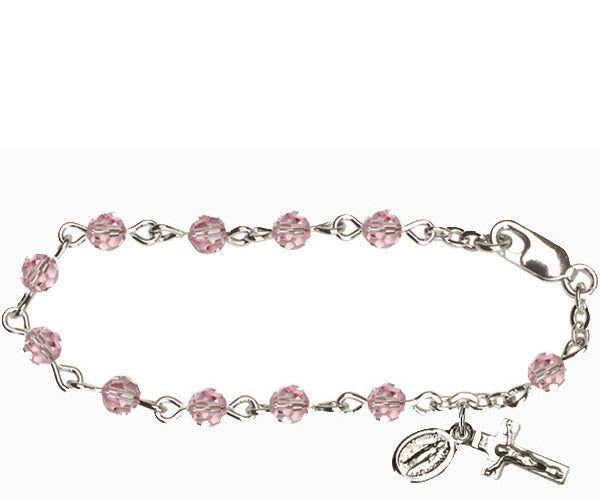 Infant Rosary Bracelet, Silver Finish, 4mm Light Rose Swarovski Beads, 5.5" Long, # 1828