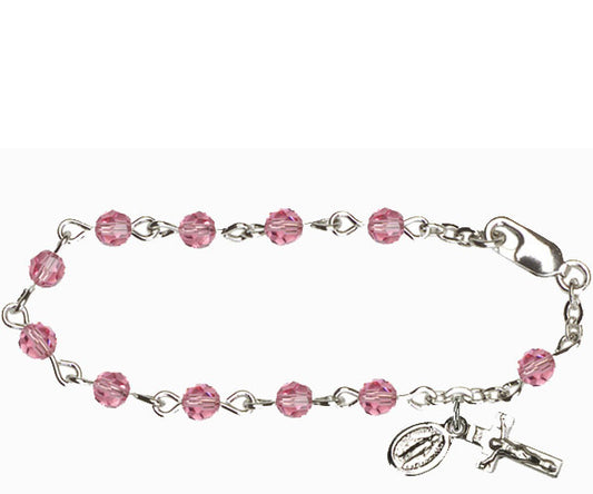 Infant Rosary Bracelet, Silver Finish, 4mm Rose Swarovski Beads, 5.5" Long, # 1829