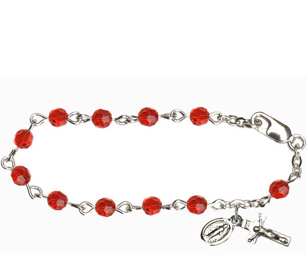 Infant Rosary Bracelet, Silver Finish, 4mm Ruby Swarovski Beads, 5.5" Long, # 1830