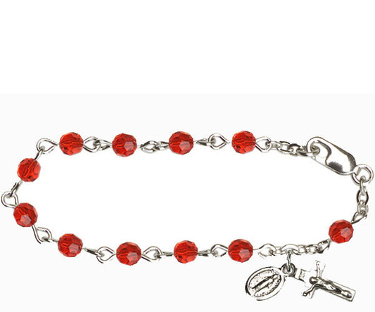 Infant Rosary Bracelet, Silver Finish, 4mm Ruby Swarovski Beads, 5.5" Long, # 1830