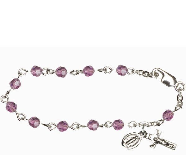 Infant Rosary Bracelet, Silver Finish, 4mm Light Amethyst Swarovski Beads, 5.5" Long, # 1833