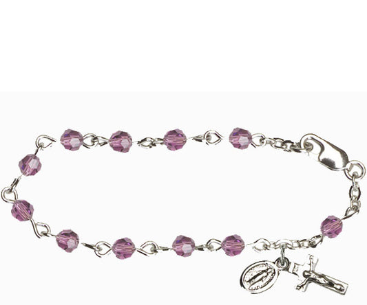 Infant Rosary Bracelet, Silver Finish, 4mm Light Amethyst Swarovski Beads, 5.5" Long, # 1833
