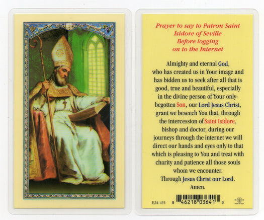 Prayer to St. Isidore of Seville Before Logging onto Internet, Laminated Holy Card, # 18330