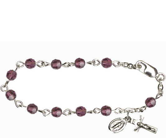 Infant Rosary Bracelet, Silver Finish, 4mm Amethyst Swarovski Beads, 5.5" Long, # 1834