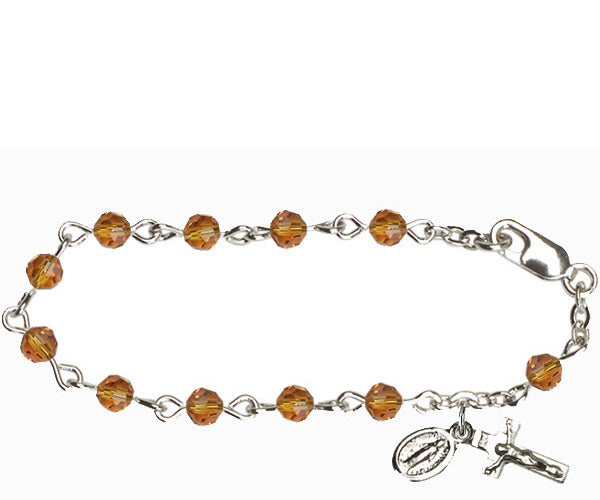 Infant Rosary Bracelet, Silver Finish, 4mm Topaz Swarovski Beads, 5.5" Long, # 1835