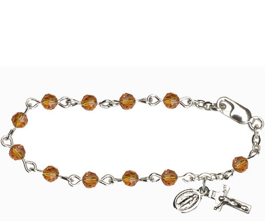 Infant Rosary Bracelet, Silver Finish, 4mm Topaz Swarovski Beads, 5.5" Long, # 1835