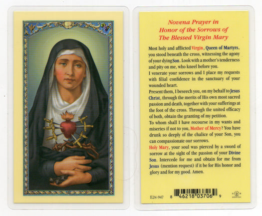 Novena Prayer in Honor of the Sorrows of the BV Mary Laminated Holy Card, # 18350