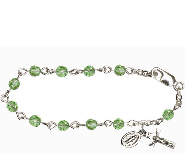 Infant Rosary Bracelet, Silver Finish, 4mm Peridot Swarovski Beads, 5.5" Long, # 1836