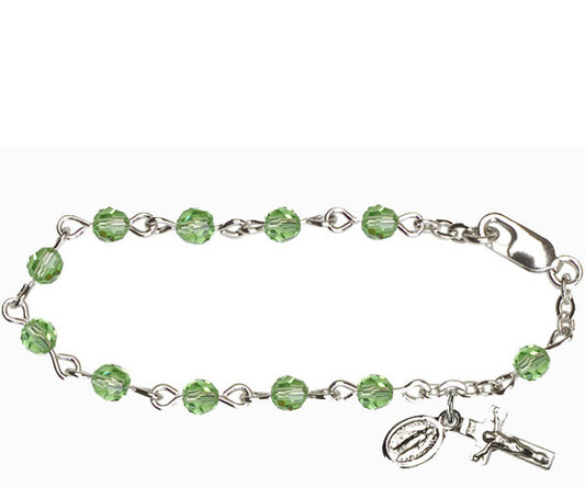 Infant Rosary Bracelet, Silver Finish, 4mm Peridot Swarovski Beads, 5.5" Long, # 1836