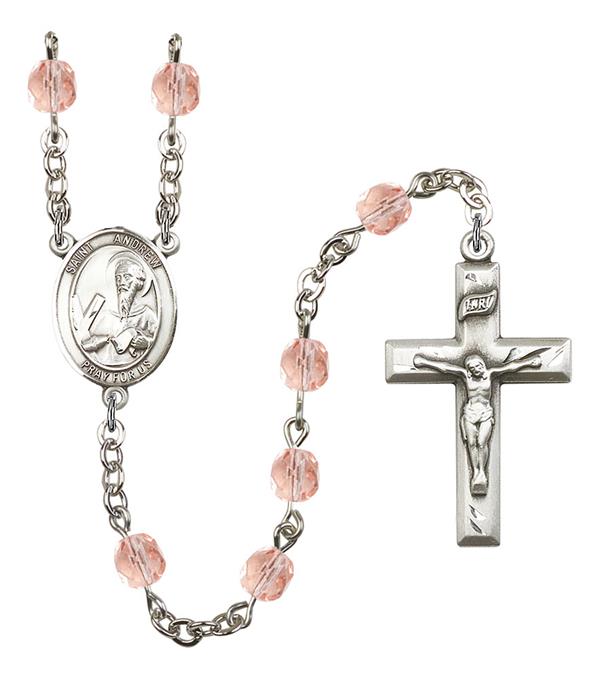 St. Andrew Rosary, 6mm Fire Polished Pink Beads, Silver Plate, # 1850