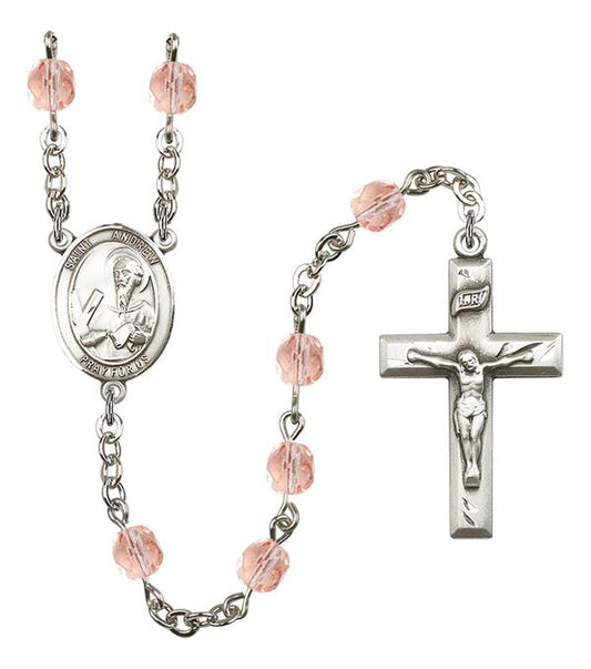 St. Andrew Rosary, 6mm Fire Polished Pink Beads, Silver Plate, # 1850