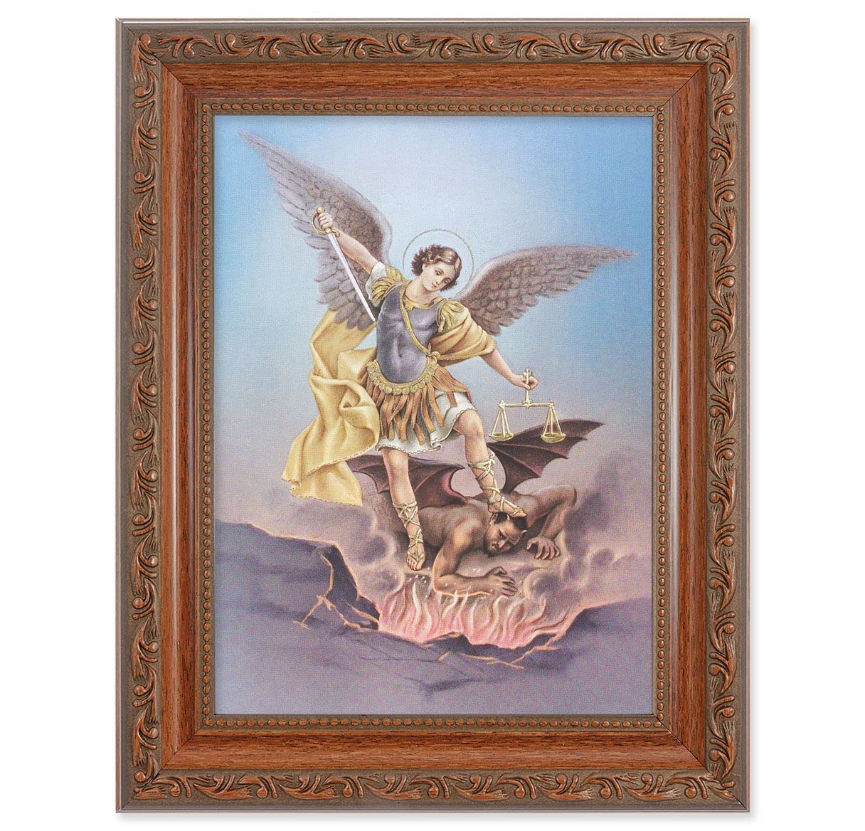St. Michael Picture, 8-1/4"x10-1/4 Mahogany Finish with Acanthus Leaf Detail Under Glass # 27828