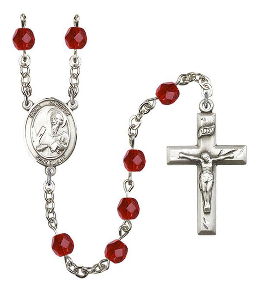 St. Andrew Rosary, 6mm Fire Polished Ruby Beads, Silver Plate, # 1851