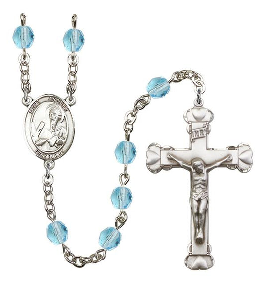 St. Andrew Rosary, 6mm Fire Polished Aqua Beads, Silver Plate, # 1857