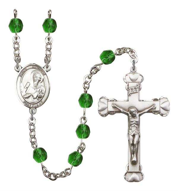 St. Andrew Rosary, 6mm Fire Polished Emerald Beads, Silver Plate, # 1864