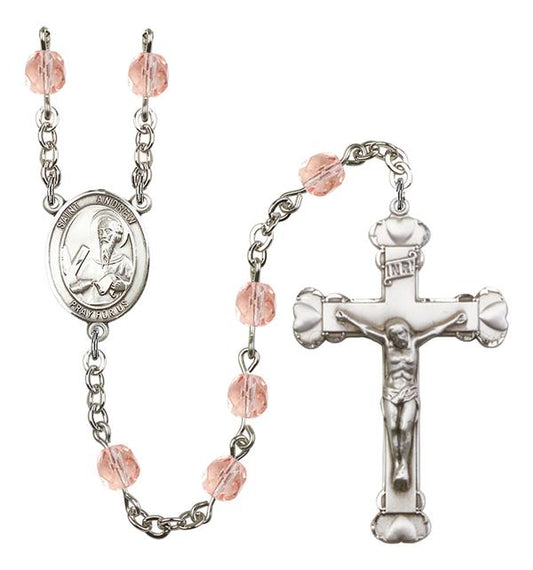St. Andrew Rosary, 6mm Fire Polished Pink Beads, Silver Plate, # 1870